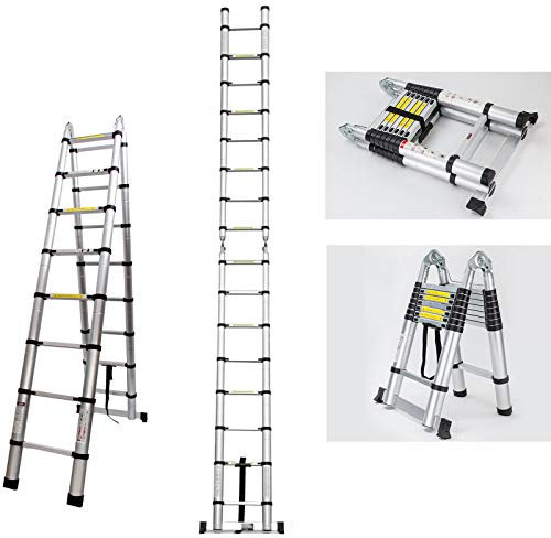 5M Extending Ladder Telescopic A Frame Ladders 2.5M + 2.5M, Retractable 16 Step Aluminium Collapsible Ladder Anti Slip