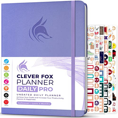 Clever Fox Daily Planner PRO for Men & Women, Large Undated Lavender | Lasts 3 months, 21.5 x 28cm, Life & work goals, hourly schedule, to-do list, vision board, monthly calendars, weekly pages