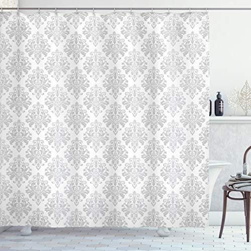 ABAKUHAUS Damast-Grau Duschvorhang, Barock Botanik wirbelt, Stoffliches Gewebe Badezimmerdekorationsset mit Haken, 175 x 220 cm, Pale Grau und Weiß