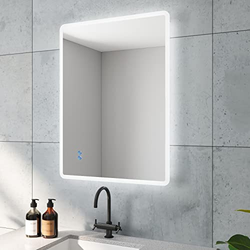 AQUABATOS BORAS-Serie Badspiegel mit indirekte LED Beleuchtung 80x60 cm Badezimmerspiegel für Gäste WC Licht Spiegel Touch Schalter Dimmbar Separate Antibeschlag Funktion Lichtfarbe Kaltweiß 6400K