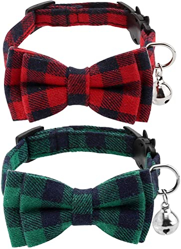 Luter 2 Teiliges Weihnachts Plaid Katzenhalsband mit Fliege und Glocken, Verstellbare Halsbänder für Sicherheitshalsband Katzen, Kätzchen, Hunde Halstuch Welpenzubehör (Rot, Grün)