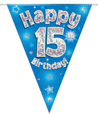 15th Birthday Blue Birthday Party Flag Banner Bunting Age 15