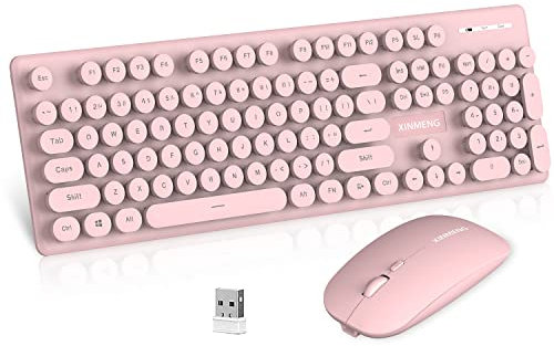 Wireless Keyboard Mouse Combo Dual Mode (BT+2.4G) Rechargeable Full Size Multi-Device Bluetooth & 2.4G Wireless Cordless USB Cute Retro Round Keycaps Keyboard and Silent Mouse Set for PC Laptop-Pink
