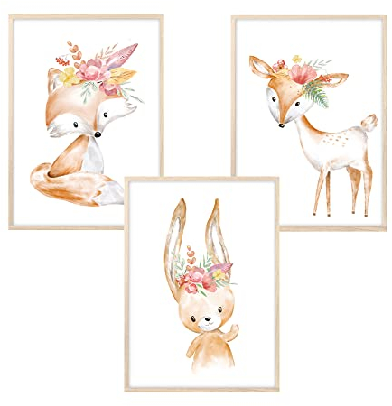 MeinBaby123® Bilder Kinderzimmer | 3er Set DIN A4 Poster Set | Indianer-Tiere Boho Wandbilder | Deko Bilder Kinderzimmer | Babyzimmer Deko | Wandposter Premium (Tiere Boho - Set 5)