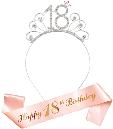 Geburtstagskrone Schärpe Junggesellinnenabschied Set,18 Birthday Krone Haarreif Tiara Stirnband mit 18th Geburtstag Roségold Schärpe für 18. Geburtstag Party Deko Accessoires Geschenk