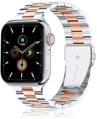 QAZNZ Metall Kompatibel mit Apple Watch Armband 46mm(Series 11 10) 45mm 44mm 49mm 42mm(Series 3 2 1), Edelstahl Ersatzband für iwatch Ultra 3 2 1, Series 11 10 9 8 7 6 5 4 3 2 1 SE(Silber&Roségold)