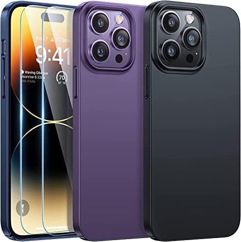 TORRAS Ultra Dünn für iPhone 14 Pro Max Hülle (mit 2 * 9H Schutzglas) Samtiger Griff (Nie Staub anhaftend) Unzerbrechlich Schutz Handyhülle iPhone 14 Pro Max Case Elegantes Aussehen Slim Schwarz