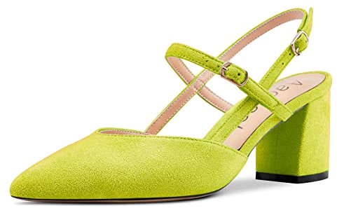 Aachcol Mujer Chunky Ancho Medio Bajos Heel Pumps Correa Tobillo Slingback Puntiaguada Punta Dress Zapatos Oficina Fiesta de Boda Ante Verde Lima 6.5 CM 39 EU