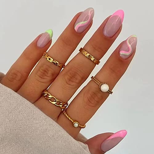 RUNRAYAY Mittellange Mandel-Nägel zum Aufdrücken mit Designs, French Nude Pink Stripes Acrylnägel zum Aufdrücken, aufklebende Nägel für Frauen, künstliche Kunstnägel für Nailart-Maniküre-Dekoration