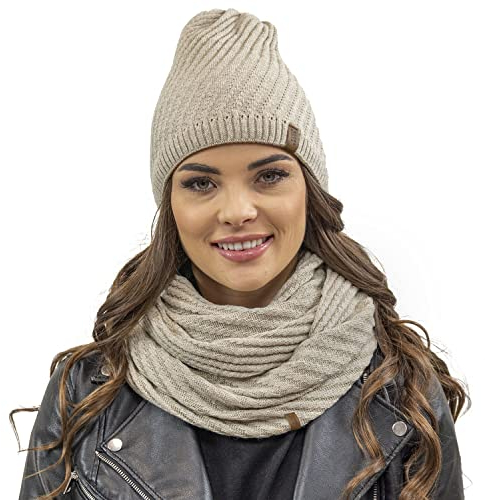 VIVISENCE Trendiger Damen Winter Set Aus Mütze Und Loop-Schal Mit Wärmendem Garn Und Antistatischen Eigenschaften Perfekte Passform Für Kalte Wintertage Bequem Und Stilvoll, Beige,Einheitsgröße