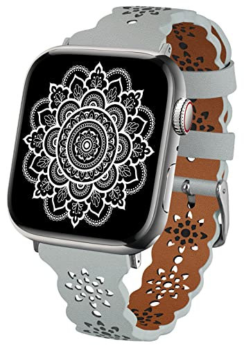 TopPerfekt Lace Leather strap Compatible Apple Watch 38mm 40mm 41mm Women Ultra Thin hollow out Breathable Leather strap Classic Clasp for iWatch Collection Ultra SE 8 7 6 5 4 3 2 1 grey