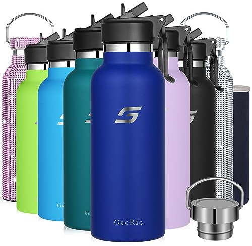 GeeRic Botella Agua Acero Inoxidable 500ml,Botella Termica de Boca Ancha 12H Caliente/24 Frío Sin BPA con Funda y Cubierta de la Manija, para Acampar,Escuela,Deportes,Gimnasio,Azul real