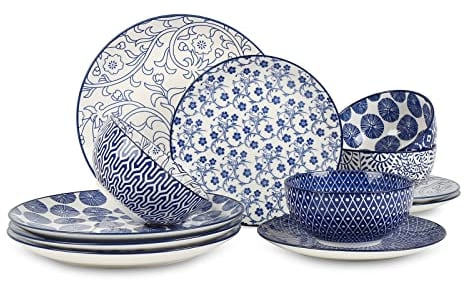 Selamica Ceramic Dinnerware Set, 12 Piece Plates and Bowls Set, Scratch Resistant Dish Set for 4, Dishwasher and Microwave Safe, Vintage Blue