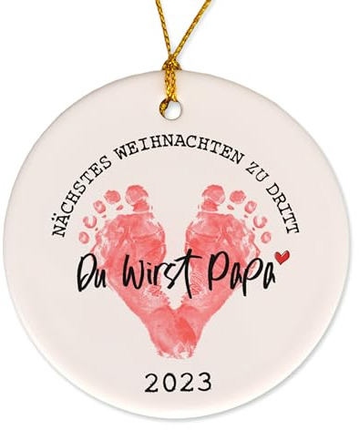 FEENSTAUB Weihnachtsschmuck personalisiert, Keramik-Anhänger, Geschenk-Idee Schwangerschaft verkünden, Weihnachtskugel Papa, personalisierter Christbaumschmuck, besonderer Weihnachtsschmuck