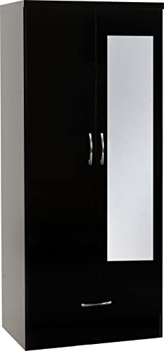 Seconique Nevada Mirrored 2 Door Wardrobe in Black Gloss