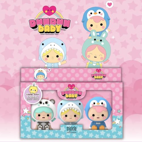 Triciclo Editores - Dundunbaby – Box 3 – Box mit 3 Puppen, Panda Maggie, Pinguin Ollie und Ziggi-Hai, der im Oscriity leuchtet, süße und niedliche Tierbabys - TRI35044U103B3