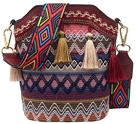 Nicfaky Tasche ein Schultergurt aus Strohstoff geflochten von im -BohéMien Stil Tasche ein Eimer mit Quasten Casual Retro, rot, Einheitsgröße