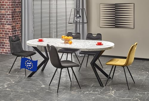 Design Esstisch rund HA-222 Marmor Weiß - Schwarz matt ausziehbar 100 cm / 150 cm / 200 cm bis 250 cm ovaler Esszimmertisch Küchentisch rund Funktionstisch oval kitchen table Esszimmer Ausziehtisch