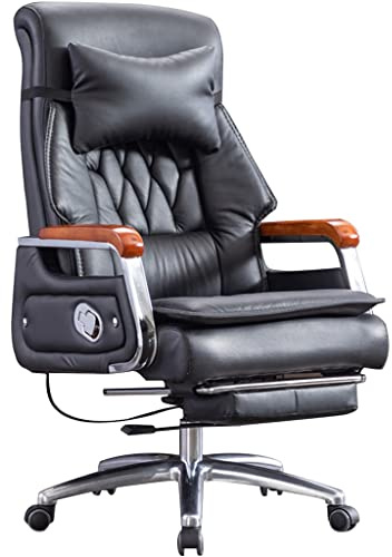 Chefsessel Big and Tall 90°-155° Winkelverstellung Bürostuhl, Bürostühle aus echtem Leder, Drehstuhl, Tragkraft 200kg/440.9lbs (Color : Black, Size : 114-120 * 52cm)
