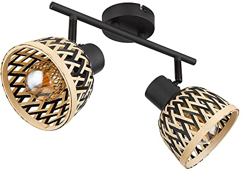 Globo Deckenlampe schwarz Spotleiste Bambus Wohnzimmerlampe modern Deckenstrahler 2-flammig natur, Deckenleuchte Spots verstellbar, Metall, 2x E27 Fassungen, LxBxH 30x13x19 cm