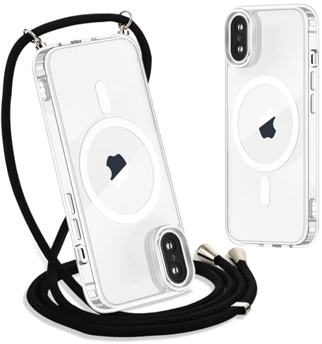 Yoedge Handykette für iPhone X/XS Hülle mit Band 5,8, Transparente Magnetisch Handyhülle [Kompatibel mit Magsafe], Necklace Schlank Silikon TPU Stoßfest Schutzhülle mit Kordel zum Umhängen,Schwarz