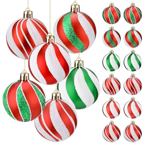 Liliful 12 Stück 6,1 cm große Weihnachtskugel-Ornamente, glitzernde Kunststoff-Hängedekorationen, Elfenkugeln, Wirbel, Zuckerstange, Pfefferminz, Weihnachtsbaum-Anhänger für Weihnachtsbaum-Dekoration