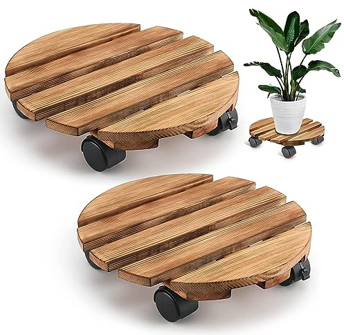 Teksome Soporte para macetas con Ruedas - 2 Madera para macetero con Cerradura y Rueda - Macetero rústico para Regalo Amantes Las Flores, Base Maceta Interior y Exterior