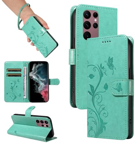 SRISHP Hülle für Samsung Galaxy S23 Ultra Handyhülle, Grün | Premium PU Leder, Handyhülle Mit Band, Magnet Flip Case, Kartenfächer, Ständer Klappbar Tasche, Standfunktion Schutzhülle