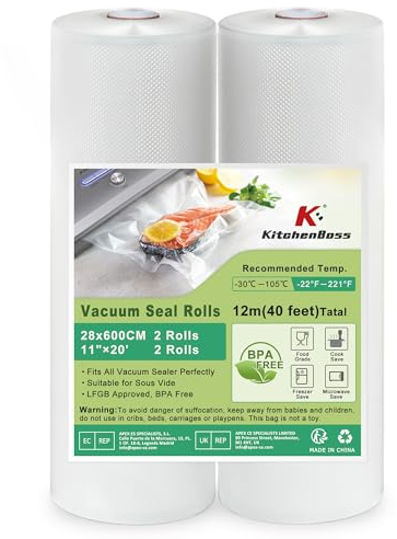KitchenBoss Vakuumierfolie 2 Rollen 28x600cm:Profi Vakuumbeutel für Vakuumierer & Sous Vide, Vakuumbeutel Lebensmittel BPA-frei, Vakumierfolienrollen Reißfest und Kochfest