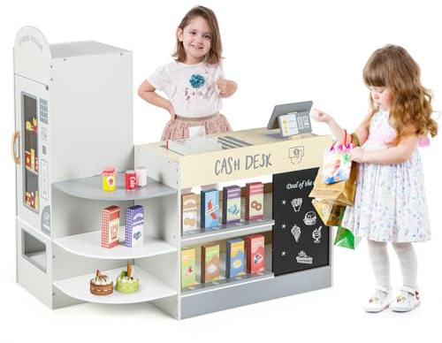 COSTWAY Kinder Kaufladen, Kaufmannsladen aus Holz mit Seitentheke, Supermarkt-Set mit Kasse, POS-Maschine, Verkaufsautomat & Kreidetafel, Einkaufsladen Verkaufsstand für Kinder von 3-8 Jahren (Grau)