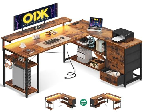 ODK Corner Desk with Drawers, L Shaped Gaming Desk with LED Lights & Power Outlets, Reversible Computer Desks for Home Office Workstation, Office Desks with Monitor Shelf, 155×110 cm, Vintage