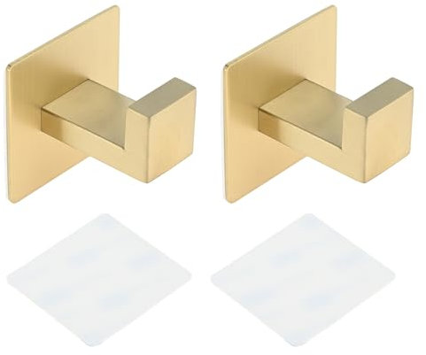 bowarepro 2Pcs Self Adhesive Towel Hooks, Brushed Nickel Towel Robe Clothes Rack, Door Hanger Tea Towel Holder Hooks for Bathroom Hotel (Golden)