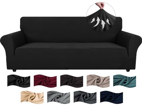 CYCMACO High Stretch Sofa Überzug 4 Sitzer, Sofabezug Rutschfest, Couch Bezug Elastischer, Jacquard Sofahusse Mit Armlehnen, Universal Sofa Covers, Couchüberzug Waschbare, Schwarz