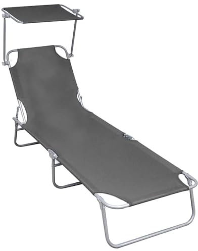 JUMI Klappbarer Liegestuhl mit Baldachin - Multiposition Campingbett bis 120 KG, Klappbare Sonnenliege zum Balkon, Praktische Gartenliege Wetterfest - Aluminiumrahmen, Graues Textilene (Grau)