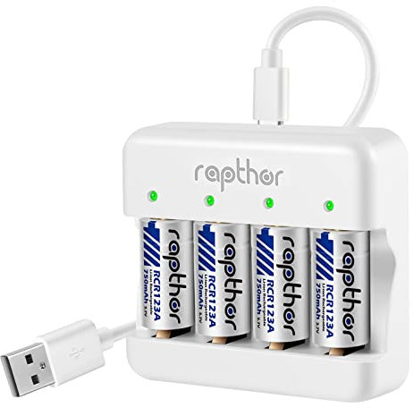 Rapthor CR123A Battery for Arlo 750mAh 3.7V Rechargeable 4 Batteries and Charger for Arlo Camera Flashlights Microphone Smoke Detector Electric Shaver Alarm Clock Calculator