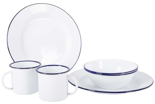 Bo-Camp Emaille Geschirr-Set, 6-teilig, weiß/blau