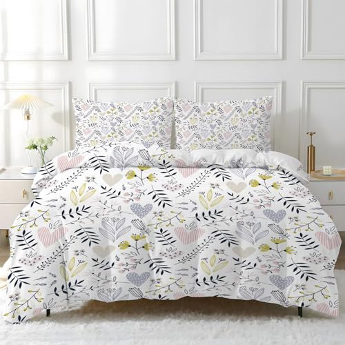 Linfye Housse de Couette 200x220 Floral Blanc Imprimée Parure de Lit 2 Personnes, Plante Violette Réversible Sets de Housse Couette avec Fermeture Éclair avec 2 Taie d'oreiller 65x65 cm