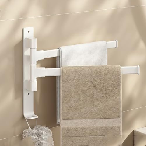 Porte-serviettes mural sans perçage - Pivotant à 180° - 2 bras - Porte-serviettes mural autocollant - Pour cuisine, salle de bain et garde-robe - Blanc