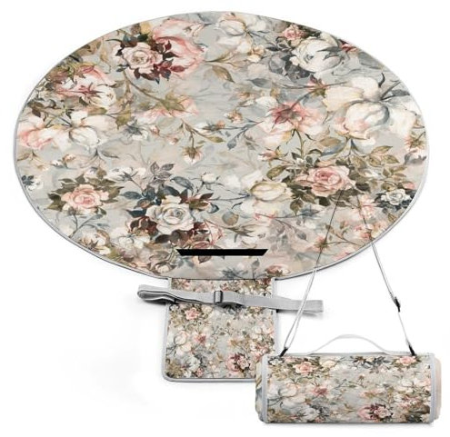 SEEKJOYS Runde Picknickdecke, Vintage, Rose, Blume, mit Tragegurt, faltbar, tragbar, 3-lagig, wasserdicht, Stranddecke für Outdoor, Camping, Sommer, Strandmatte, 152,4 cm Durchmesser
