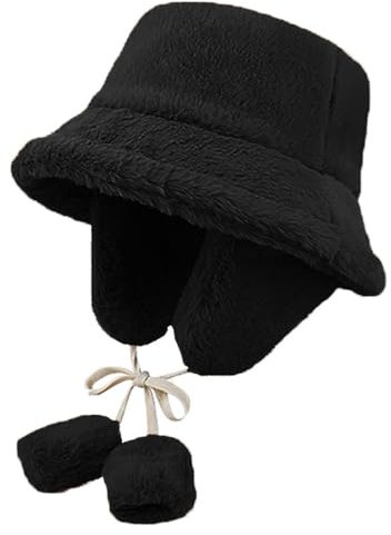 JFAN Fischerhut Damen Winter Plüsch Bucket Hat Fluffy Weiche Wärmer Eimer Hut für Mädchen Schwarz