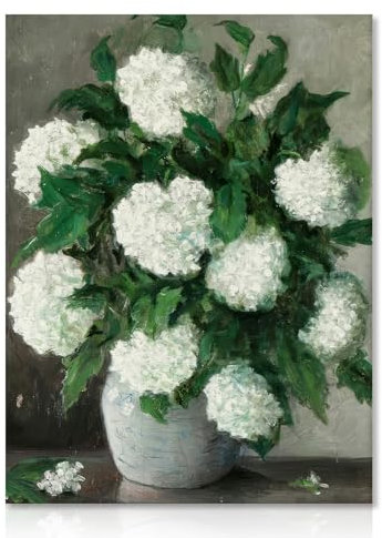 Dazzlewall Cartel de arte de pared de flores retro pintura de Hortensia blanca, impresión de arte de pared de plantas de granja, decoración de Sala de estar del dormitorio del baño 12x16 sin marco