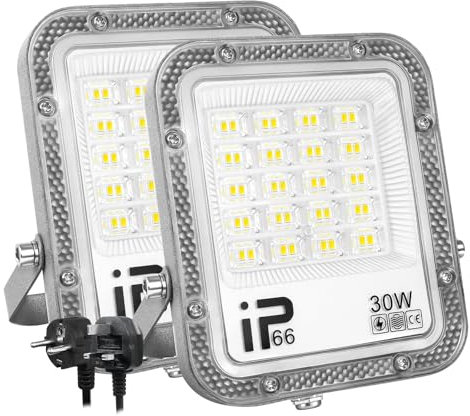 PICAA Foco de Trabajo LED Exterior de 30W, 3000LM, 6500K Luz Blanca, IP65 Luz Seguridad para Pared, Puerta, Almacén, Estacionamiento, Patio, Calles con Enchufe (2 Unidad)