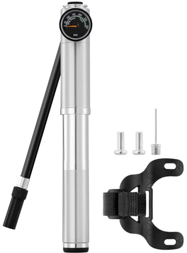 JULAI Mini Bike Pump with Gauge, Portable Frame Pump - Shock Inflator for Fork and Rear Suspension - Fits Presta & Schrader Valves - Lightweight for Road Mountain & BMX Bikes - High Pressure 300 PSI