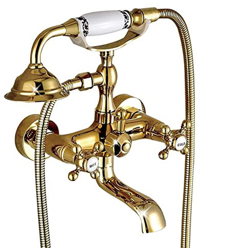 Robinet De Baignoire Robinet Douche Mural Retro Traditionnel Style Laiton Double Poignée Mitigeur De Baignoire Avec Douchette Et Flexible De Douche (150cm), Robinet De Salle De Bain, Doré