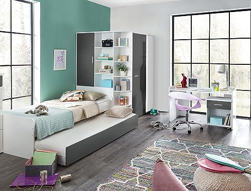 Jugendzimmer Set Joker in Weiß und Anthrazit mit Bett mit Auszugsliege, Schreibtisch, Kleiderschrank und Regal wahlweise Kaltschaummatratze und Lattenrost (7 teilig mit Matratze und Lattenrost)