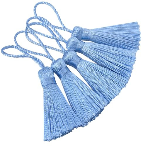 Makhry Lot de 20 mini pompons en fil soyeux faits à la main avec boucle de 5,1 cm et petit nœud chinois pour boucles d'oreilles, souvenirs, marque-pages, accessoires de loisirs créatifs (bleu ciel)