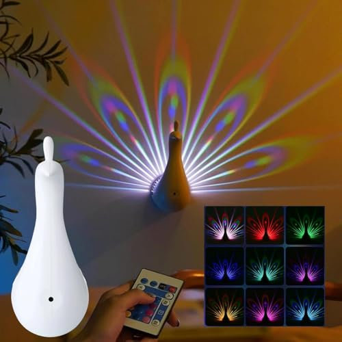 Pipihome Peacock Wall Light, LED Night Light with Remote Control, 7 Colors Atmosphere Peacock Projector Bedside Lamp, Sensory Light for Bedroom with 0.3/1hour Timer, Mood Lighting for Home Decoration
