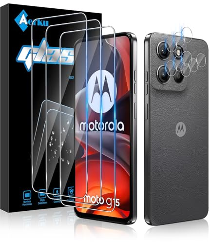 Aerku Protector de Pantalla para Motorola Moto G15 y Protector Lente Cámara [3+3 Piezas], Dureza 9H HD Anti-Arañazos Sin Burbujas Cristal Vidrio Templado Película