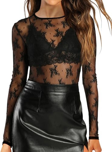 IECCP Women's Mesh Tops Sexy Sheer Long Sleeve See Throgh T-Shirt Mesh Lace Tops for Women UK Black Top Party Club Night Lace Blouse Black Print S