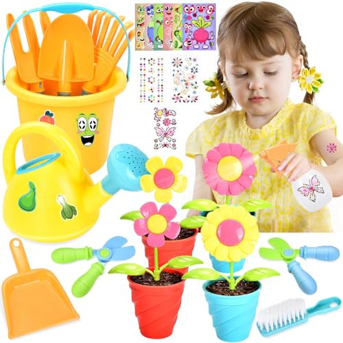 Aragallant 28 Piezas Herramientas Jardineria para Niños, Kit Jardineria Niños con Pala Regadera Rastrillo Macetas, Juguetes Playa Juegos Exterior Jardin para Niñas Niños 3+ Años